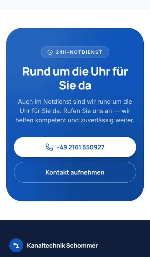 Handy-Ansicht der Website von Kanaltechnik Schommer: 24-h-Notdienst, Anruf mit einem Tipp